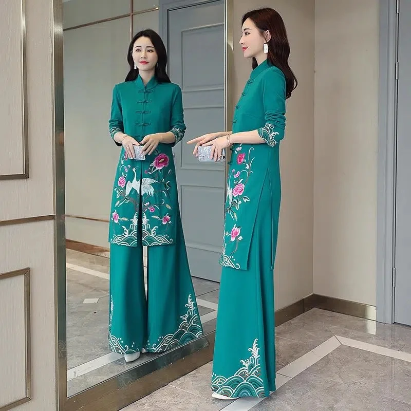 Long Ethnic Style Cheongsam Set Spring and Autumn Drop Feel Wide Leg Pants Mom Retro Slim Straight Tube Embroidery Two Piece Set