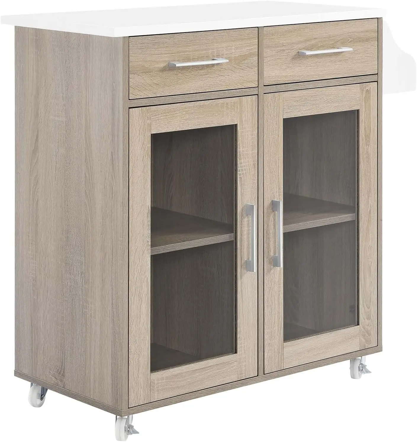 

Cuisine Rolling Kitchen Cart with Storage in Oak White - Portable Island for Kitchen with Spice Rack, Perfect as a Coffee Bar C