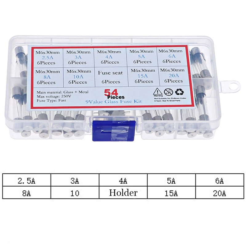 

54 шт. 6x30 мм быстрое выдувание, быстровыдувные предохранители, набор в ассортименте, а, 3 А, 4 а, 5 А, 6 А, 8 А, 10 А, 15 А, 20 А