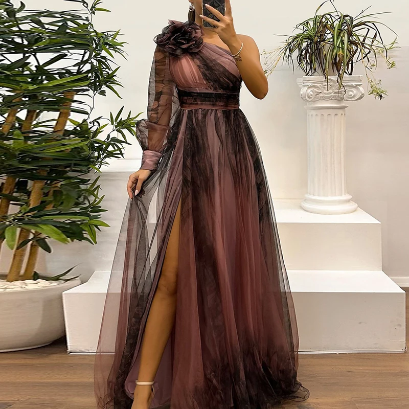 New One Shoulder Sleeve Pleats Bridesmaid Dress Vintage Pattern Printed High Waist Long Dress Sexy Asymmetric Mesh Evening Dress