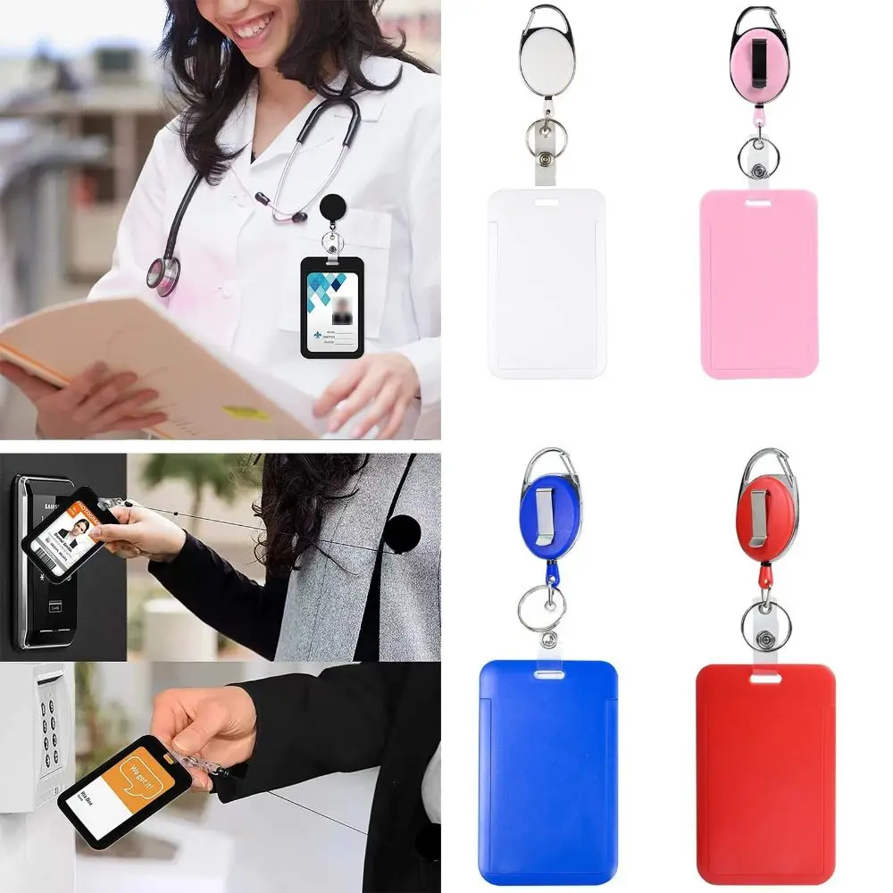 Rope Retractable Work Permit Card Set Hard Shell Protective Keychain Attachment Card Holder Carabiner Reel Clip