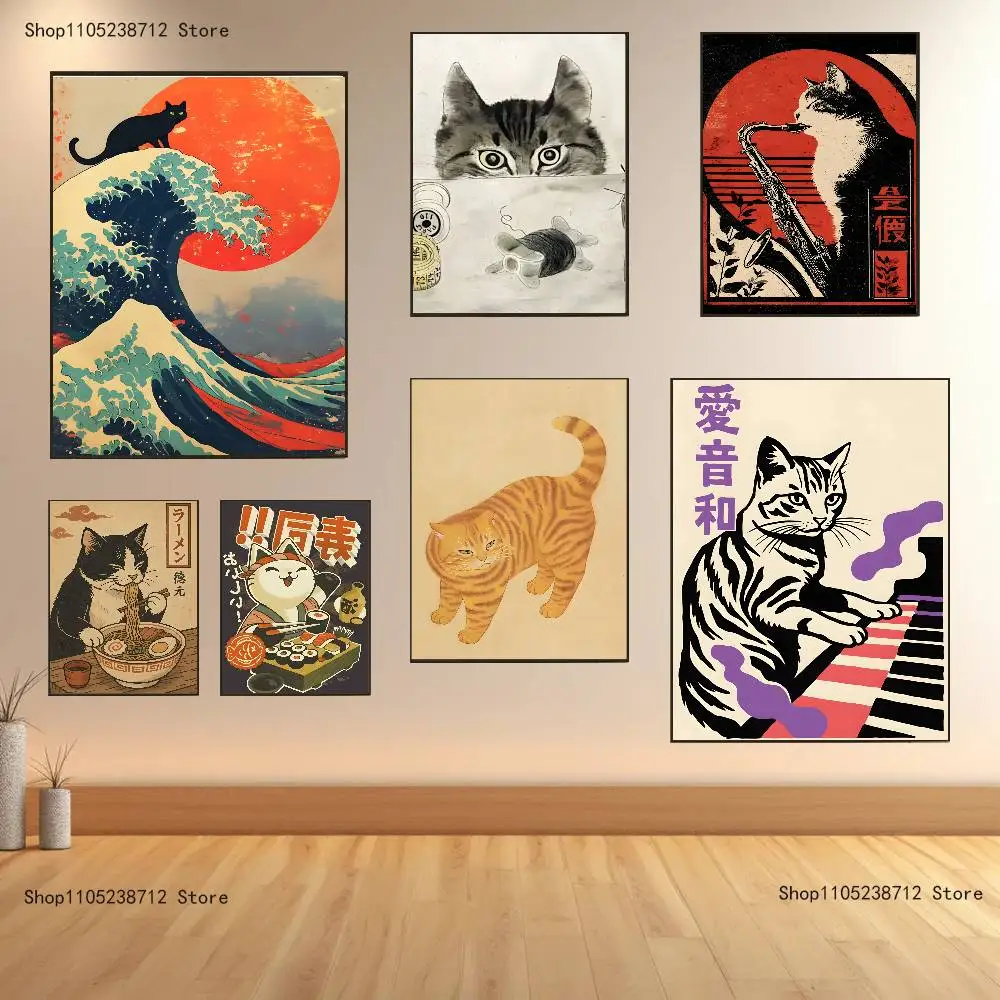 

Japanese Vintage Cat Poster Prints Wall Art Painting Picture Gift Living Room Bar Restaurant Dec Sticker Large