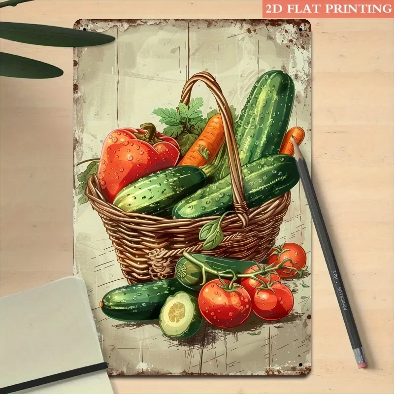 Vintage Garden Vegetables Metal Wall Art – Rustic Farmhouse Tin Sign for Kitchen or Market Decor, 8x12 Inch Country Plaque
