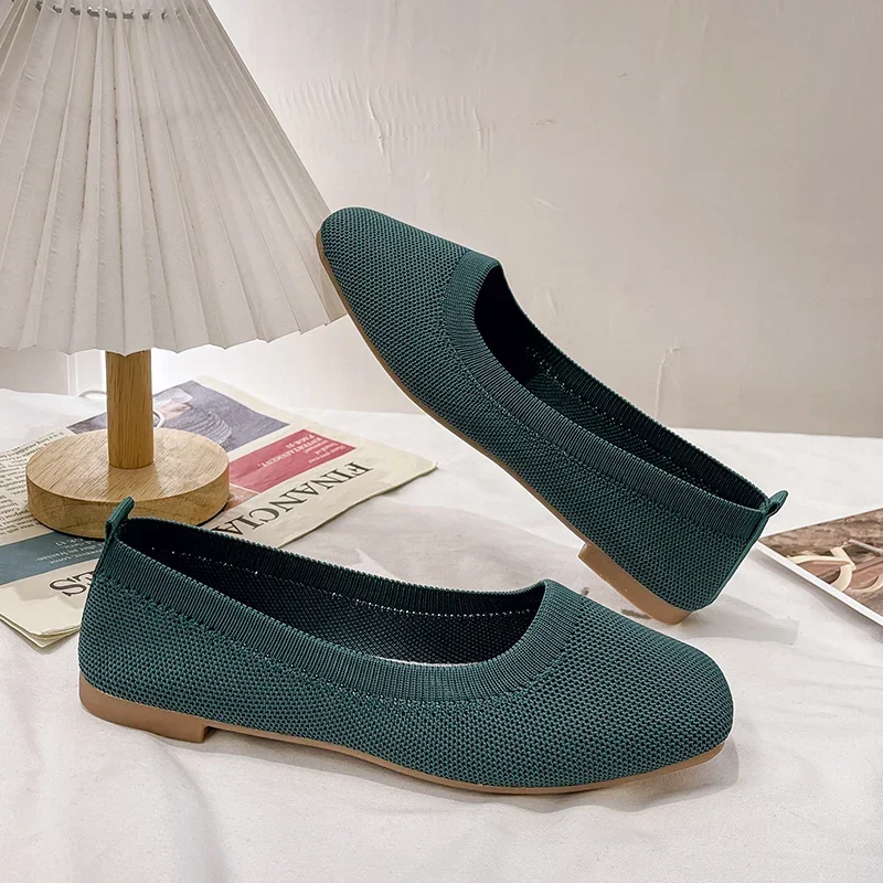 2024 Solid Color Slip on Mesh Loafers Stretch Knitted Ballet Flats Women Casual Soft Bottom Shallow Boat Shoes Classic Moccasins