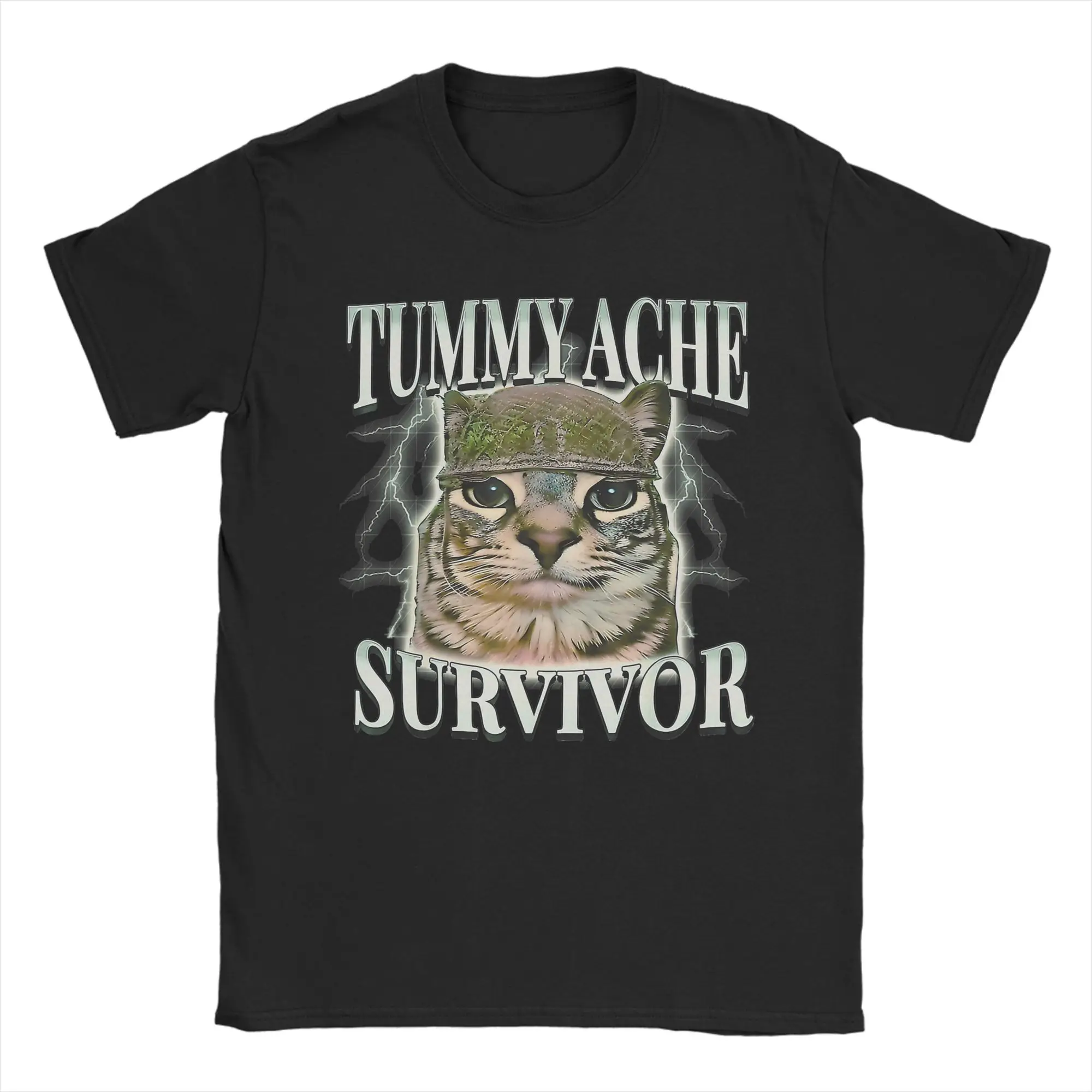 Tummy Ache Survivor Meme Cat T Shirt for Men Cotton Vintage T-Shirt Crewneck  Tee Shirt Short Sleeve Clothes Adult