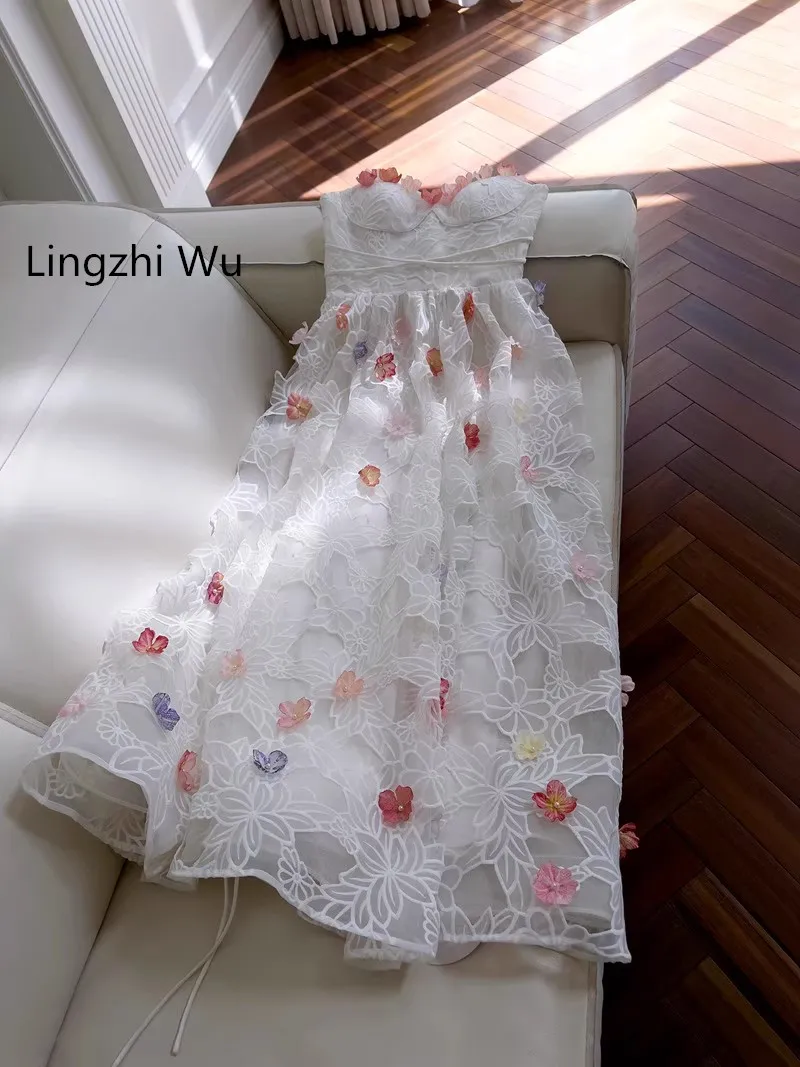 

Lingzhi Wu French Design Luxury Long Dress Three-Dimensional Flower Ladies Formal Unique Beautiful White Long Dresses Holiday