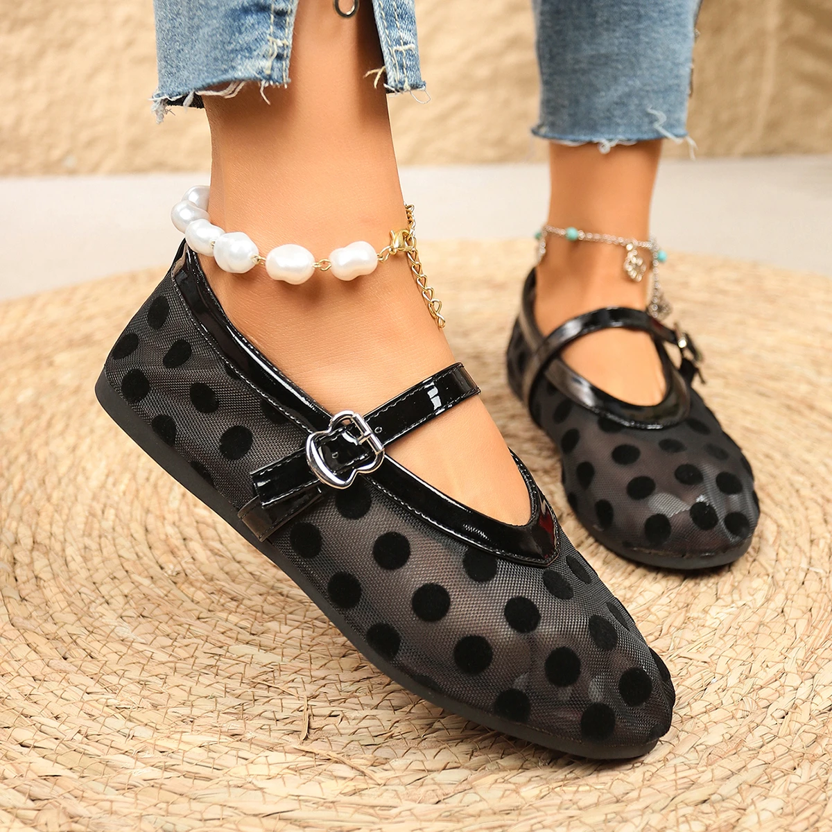 2026 Damen Ballerinas mit Netzstoff und Polka Dots, Vintage Mary Jane Schuhe mit runder Zehenpartie, Übergrößen Damenschuhe Größe 36-43 – Detail 7