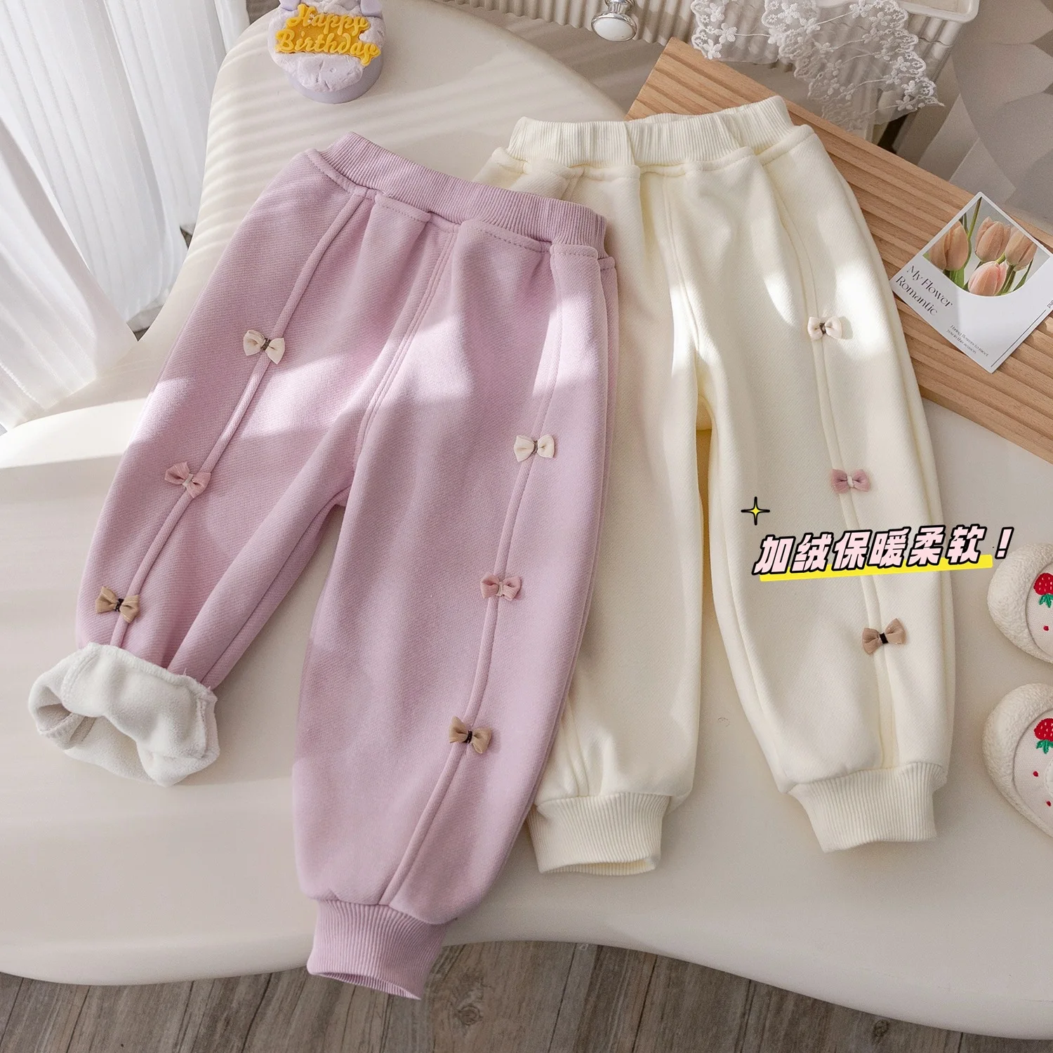 Korean Autumn Winter Baby Girls Pants Plush Casual Bow Thick Kids Girls Sweatpants Solid Warm Versatile Children Girls Pants 