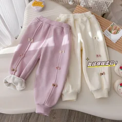 Korean Autumn Winter Baby Girls Pants Plush Casual Bow Thick Kids Girls Sweatpants Solid Warm Versatile Children Girls Pants