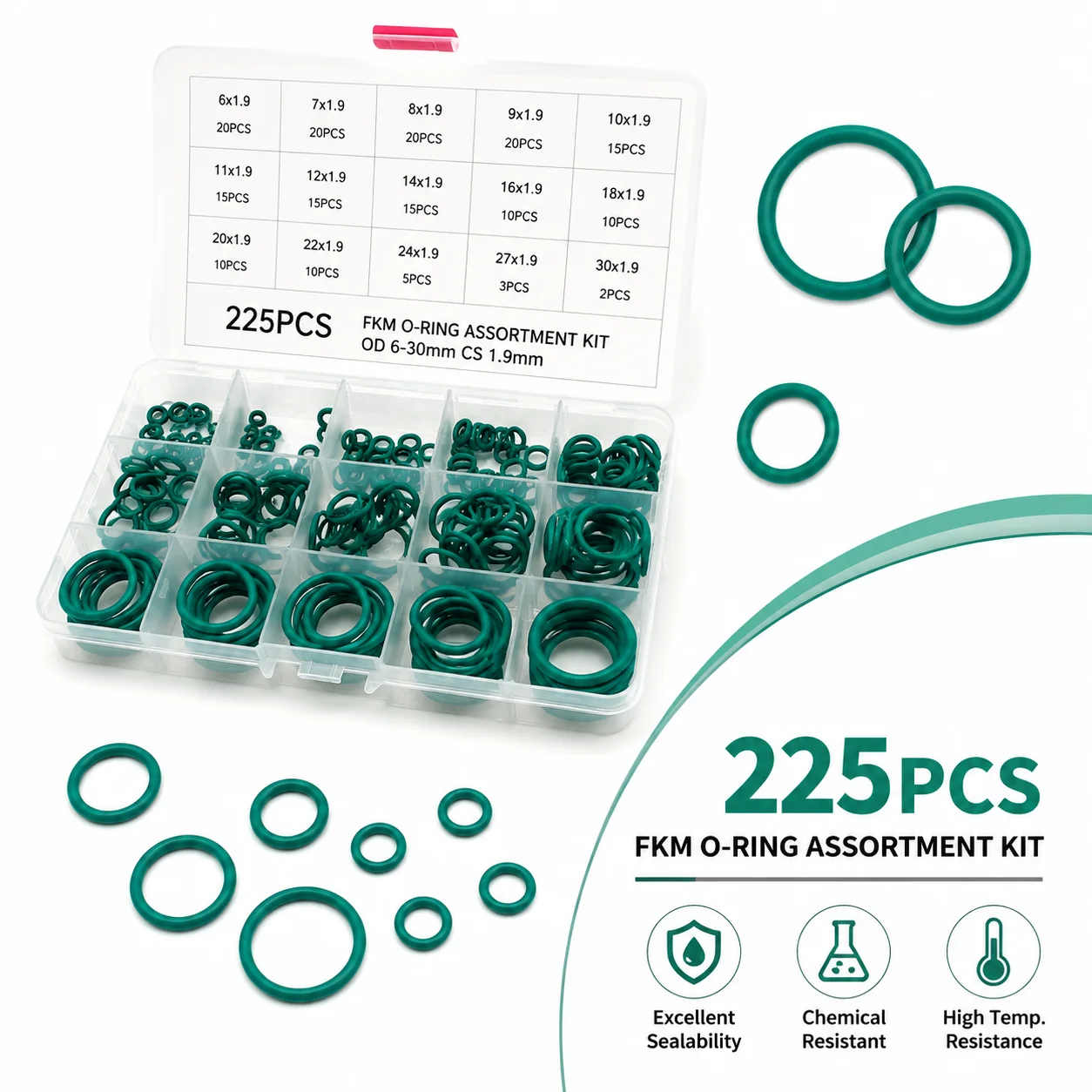 225 Pieces FKM O-ring Repair Kit, Inner Diameter 6-30mm CS 1.9mm, Corrosion-resistant High-pressure Equipment Seal