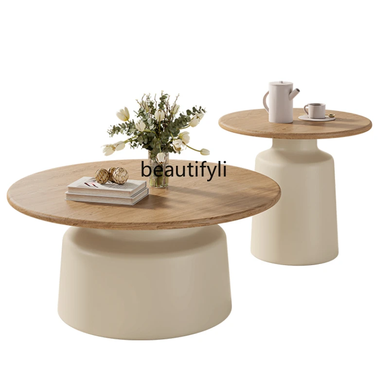 French Cream Style Living Room round Sofa and Tea Table Nordic Log Style Small Apartment Home Small round Table Side Table