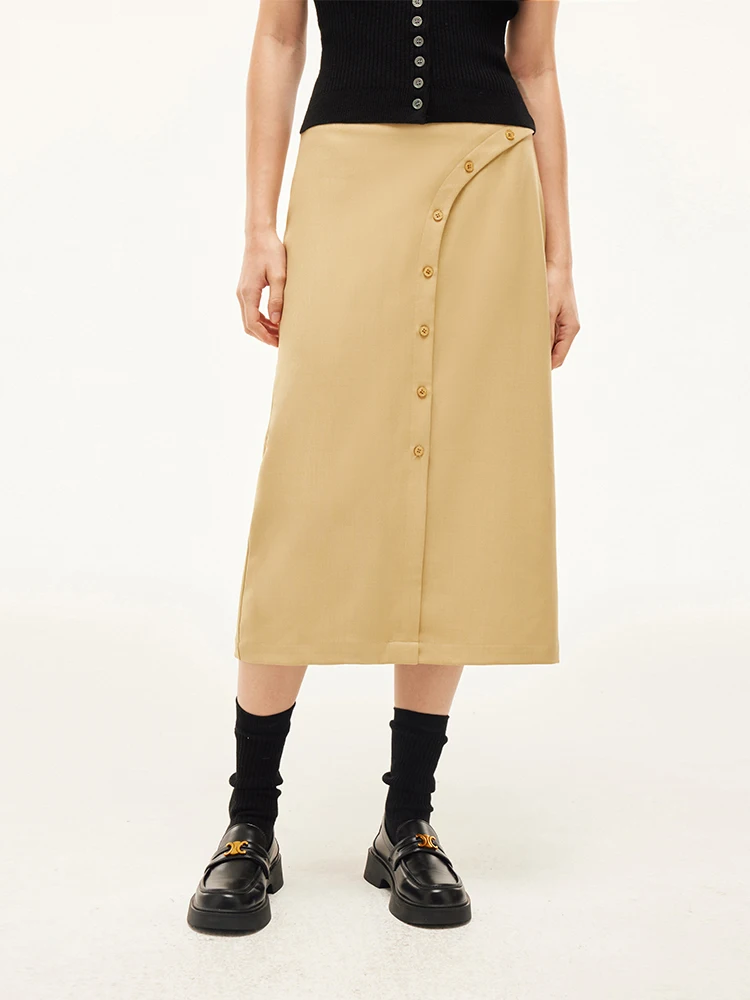

Azepam High Waist Khaki Color Split Button Sle Mid-Length Women's Skirt Retro Design Summer Collection Faionable Slimming
