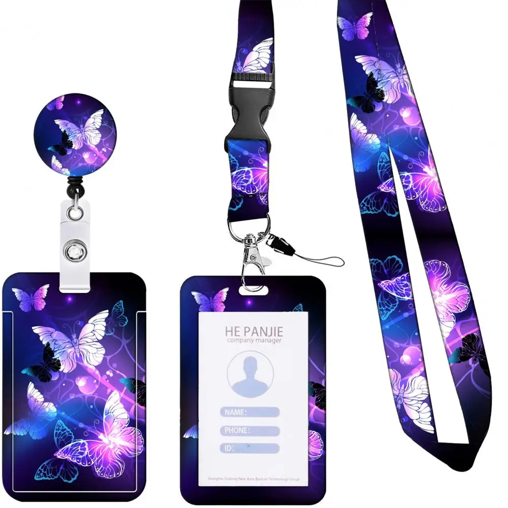 Office Work ID Card Holder Flower Pattern Printing Slide Opening With Lanyard Transparent Storage Retractable Badge Card Holder