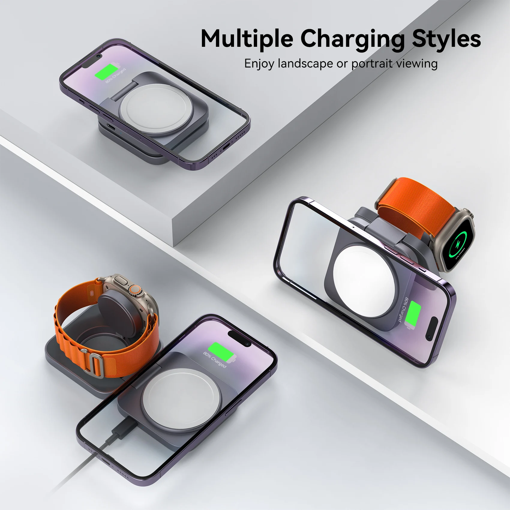 LULULOOK 2 in 1 Foldable Full Aluminum Magnetic Wireless Charging Station For iPhone 16/15/14 Pro Max/13,AirPods,iWatch 10/9/8/7