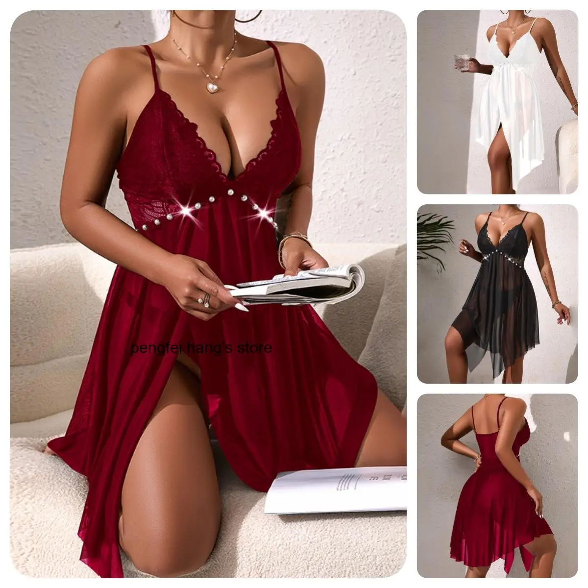 Women Summer Thin Lace Slip Nightgown with Pearl Waist Decor Front Slit Sheer Mesh Elegant Ladies Home Sleep Dress