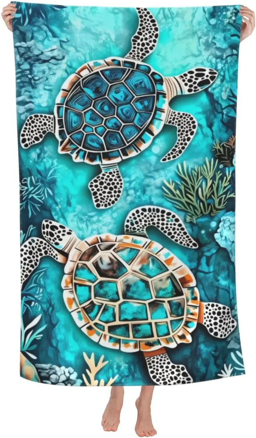 Cute Sea Turtle Tropical Beach Towel Ocean Print Coastal Marine Life Bathroom Decor Gift for Pool Spa Resort