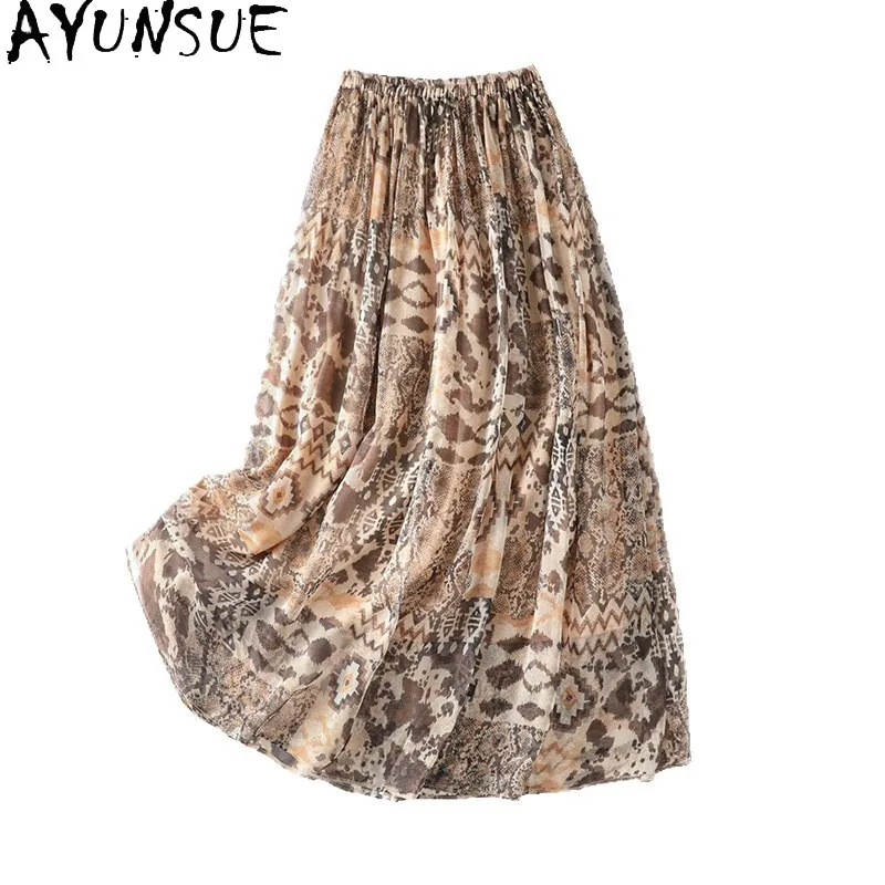 AYUNSUE Natural Silk Women's Skirts Stylish High Waist Skirts for Women A-Line Long Skirt Summer Clothes Woman 2026 Юбка Женская