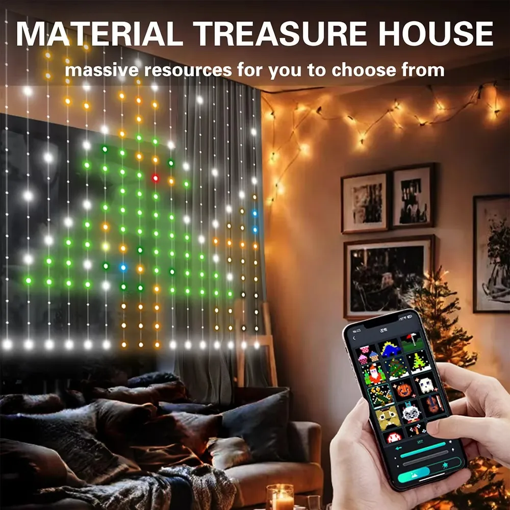 Smart RGB Curtain Lights String LED Color Changing Fairy Curtain Lights Outdoor with Remote App Control for Bedroom Living Room
