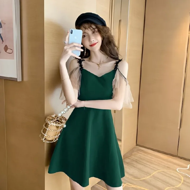 

Sexy Off Shoulder Corset Appear Thin Solid Color Slip Dress Women Summer Fashion Temperament All-match Office Lady A-line Skirt