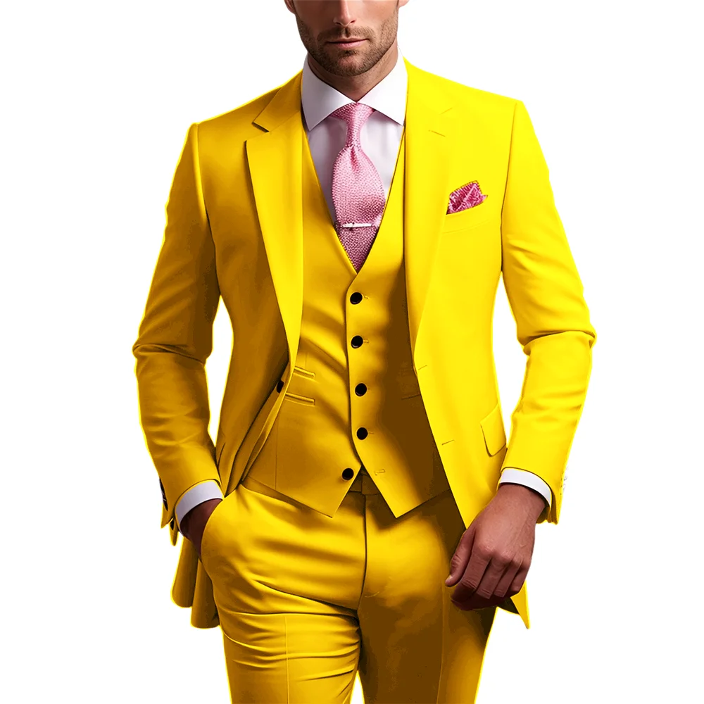 남성용 3피스 핑크 슬림핏 턱시도 정장 바지와 조끼 포함 클래식 단색 웨딩 신랑 맞춤 의상