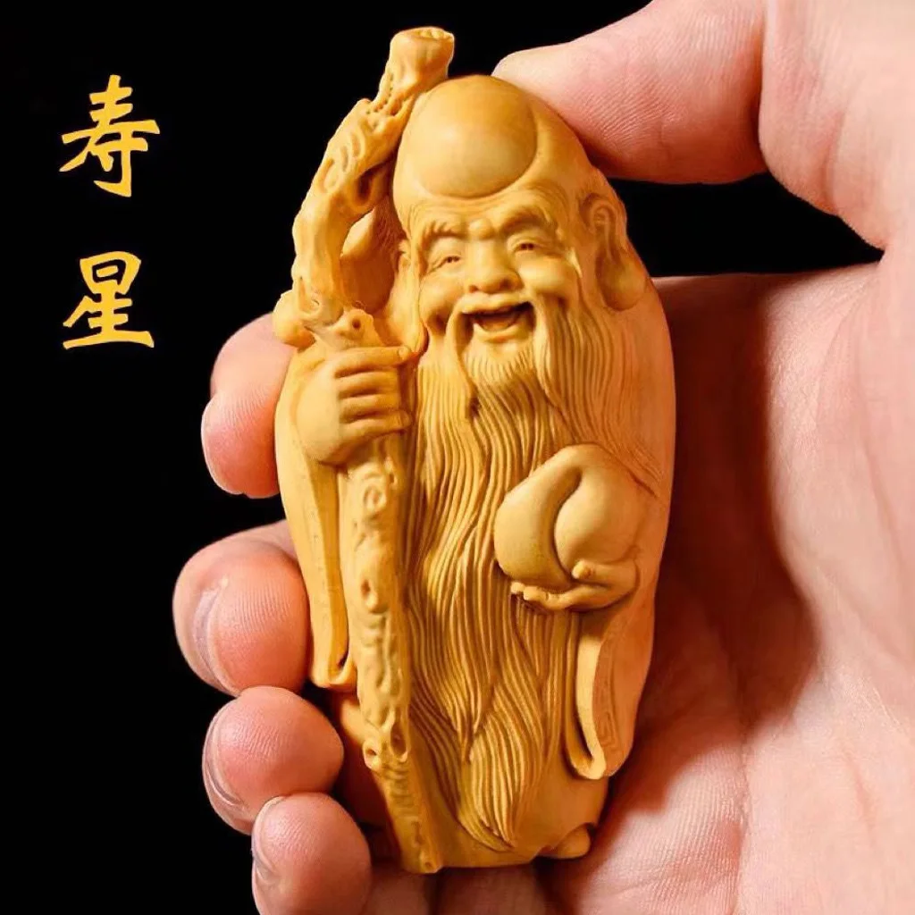 Boxwood Carved God of Longevity Figurine Handmade Wenwan Hand Play Craft Home Desktop Collectible Gift for Seniors DecorOrnament