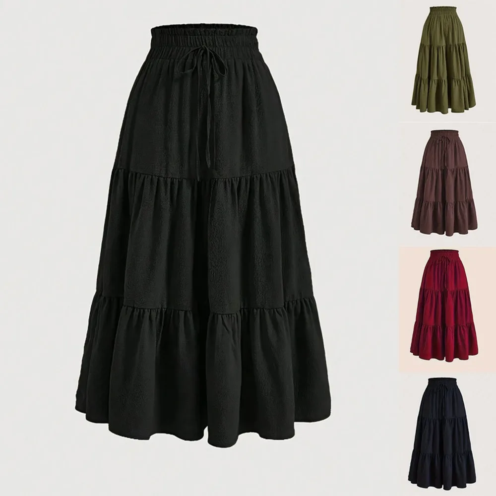 

Summer Clothes Women Tiered Skirt Woman Clothing Solid Color Ruffle Skirts Elastic Waist Maxi Skirt Olive Green Long Skirt