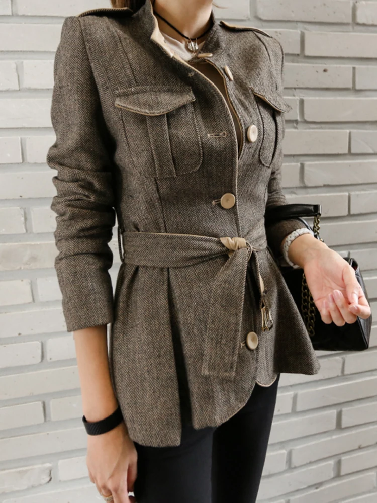 Elegant Office Women Short Jacket Coat Casual Vintage Stripe Single Breasted Belt Slim Lady Femme Mujer Autumn Winter Outerwear