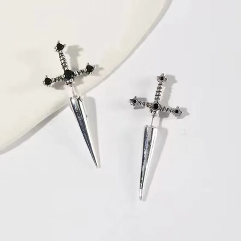 Jewelry Punk Sword Gothic Kinitial Piercing Earrings for Women Men Goth Crystal Ear Jacket Dagger Stud Earrings Jewelry