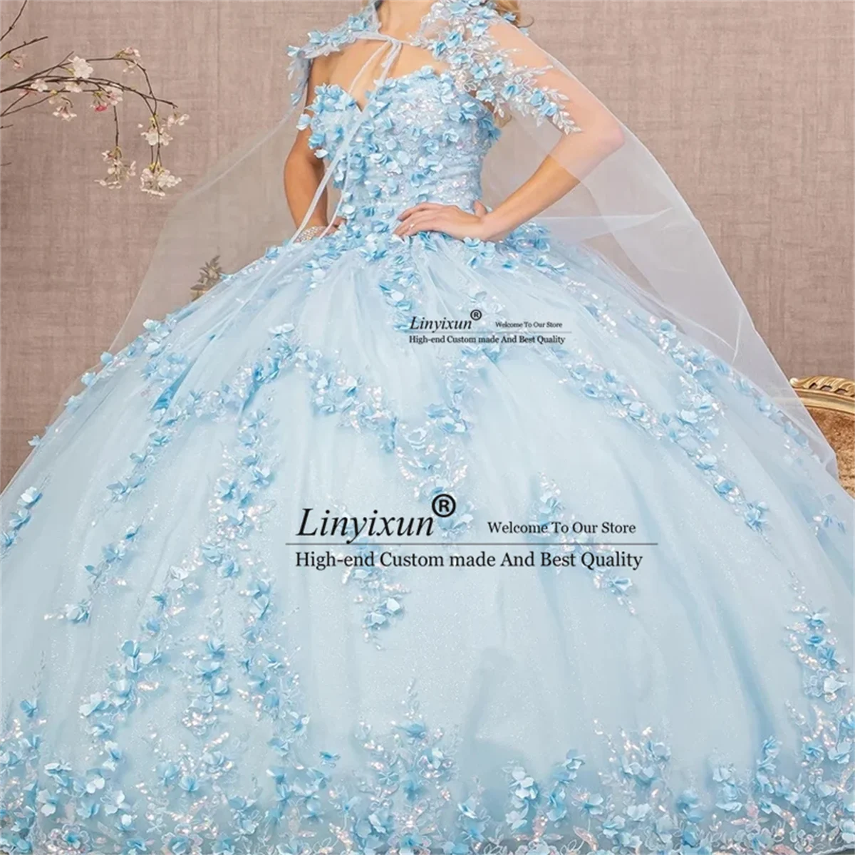 Gaun pesta biru langit mewah gaun Quinceanera dengan manik-manik jubah applique renda bunga Vestidos De 15 16 a00os ulang tahun