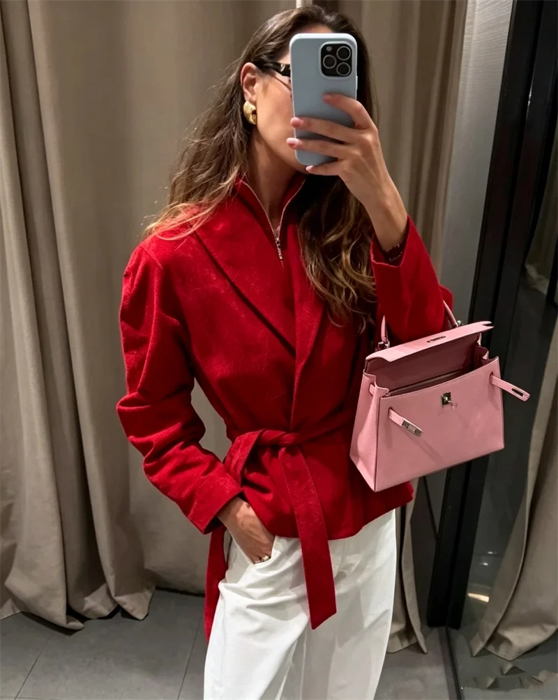 Guobioziy Women's Jacket 2026 Fall New Red Long-Sleeve Loose Tie Waist Lapel Coat Casual Fashion European and American Style
