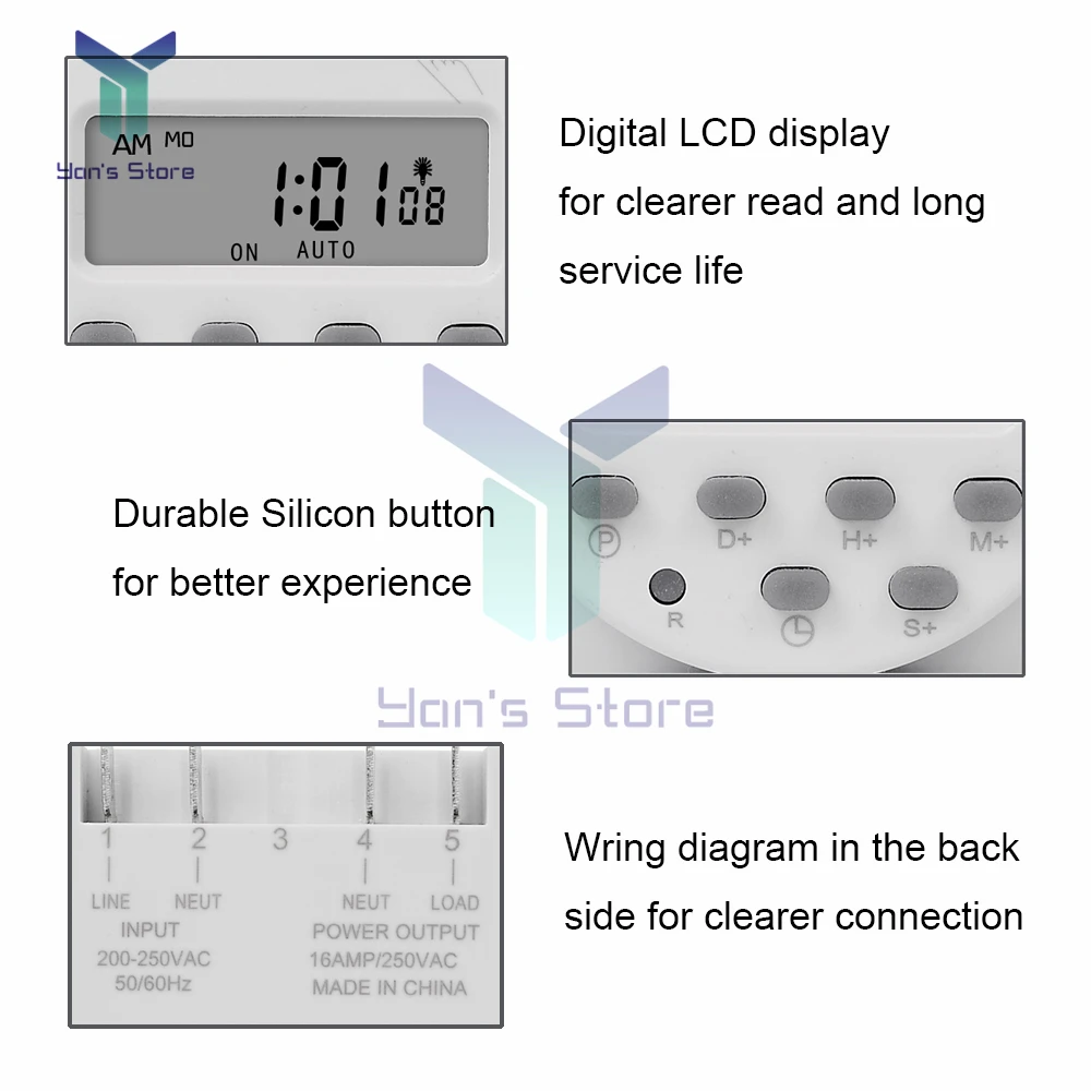 1 Second Interval 5V 12V 24V 220V Digital LCD Timer Control Switch 7 Days Weekly Programmable Time Relay Programmer CN101S