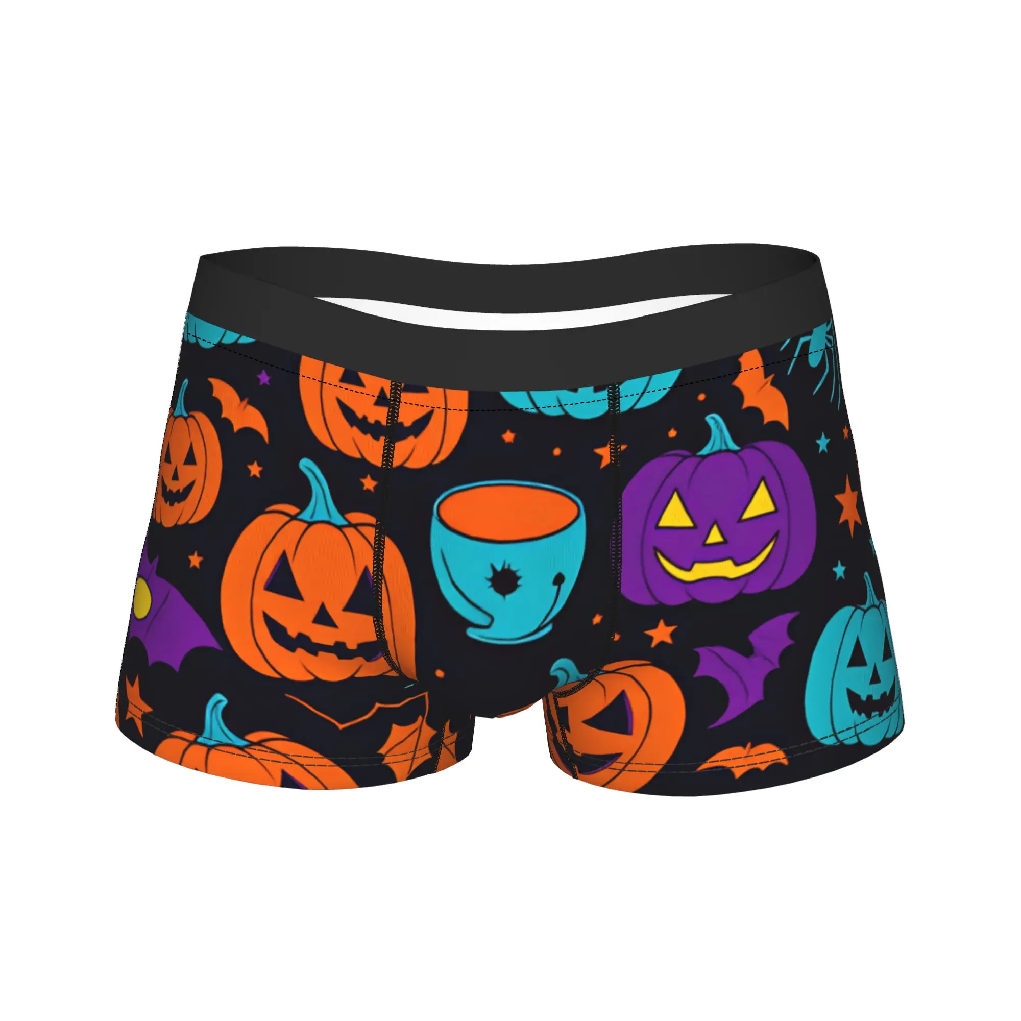 Halloween Colorful Pumpkin Bat Spider Star Seamless Pattern Dark Background Shorts Briefs  Underwear Trenky Men Boxer Shorts