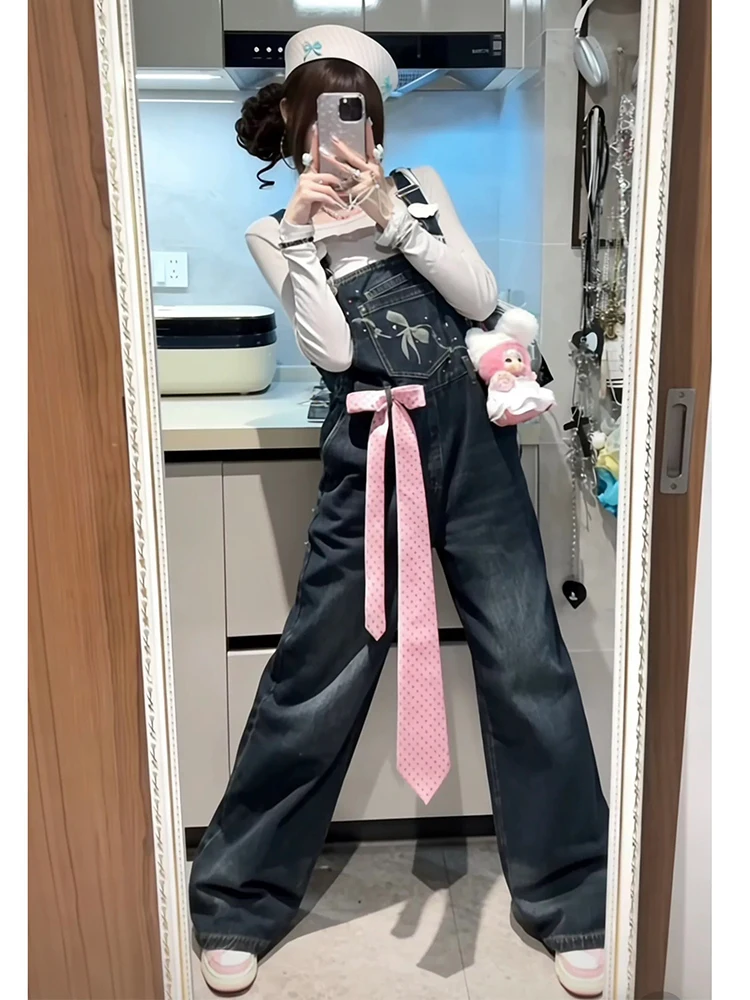 

Glitter Knot High Waist Denim Overalls Women's Spring Summer New Small Size Floral Print Rhinestone Embellied Jum...