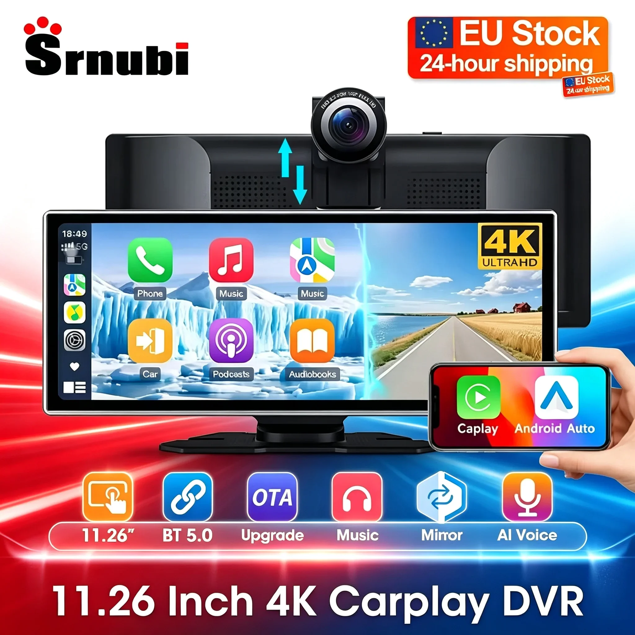 Srnubi Caméra embarquée 4K 11,26 pouces avec CarPlay et Android Auto sans fil, enregistreur vidéo portable pour voiture, système intelligent, navigation GPS