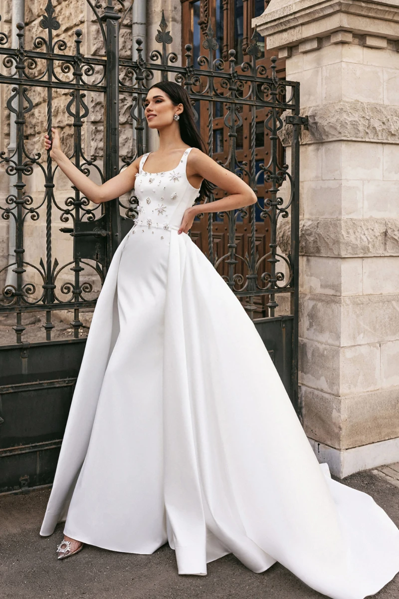 Vestido de novia de cristal con cuentas y tirantes finos, cuello cuadrado, espalda descubierta con falda desmontable, vestidos de novia personalizados a las medidas