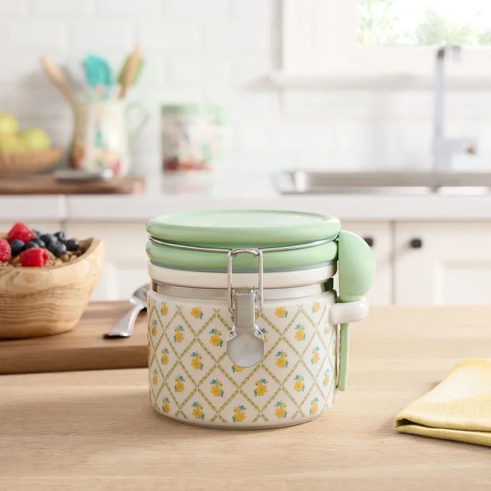 Керамическая посуда, средняя канистра с крышкой и керамической ложкой, цветочный декор, кухонный герметичный контейнер для хранения продуктов, кухонная организация