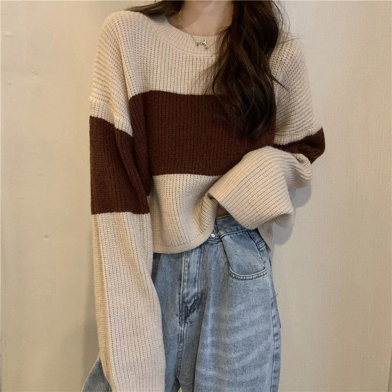 Fall Winter Striped Print Women Long Sleeve O Neck Sweater Korean Fashion Harajuku Vintage Knitted Oversized Pullovers Crop Tops