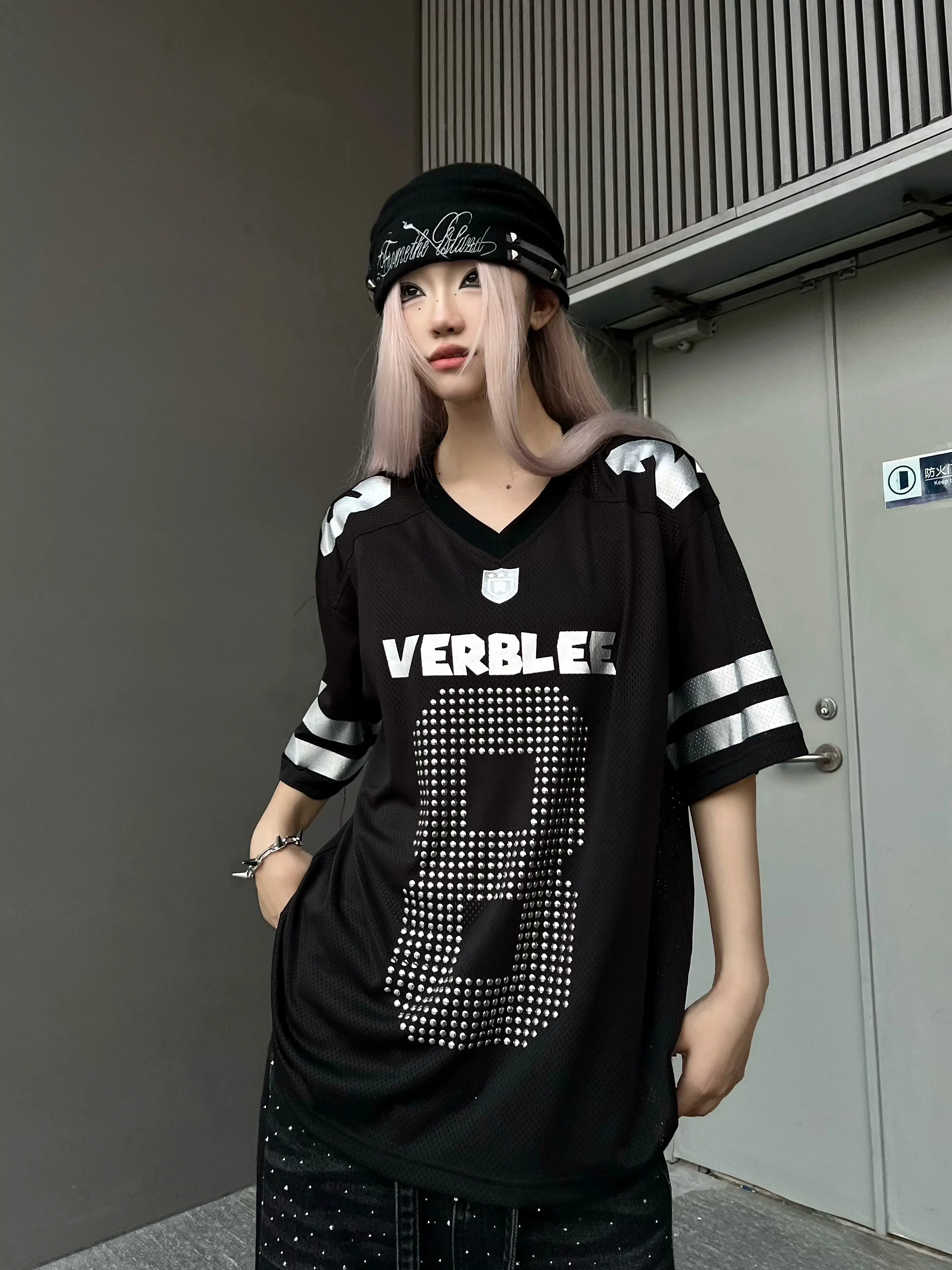 American Street Style V-Neck Short Sleeve T-Shirt Women's Loose Fit Rhinestone Baseball Jersey Casual Summer New Trend Brand ...