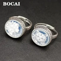 BOCAI S925 Silver Rings for Women Vintage Jewelry Agate Circular White Shell Angel Wholesale Dropshipping New Fashion Gift