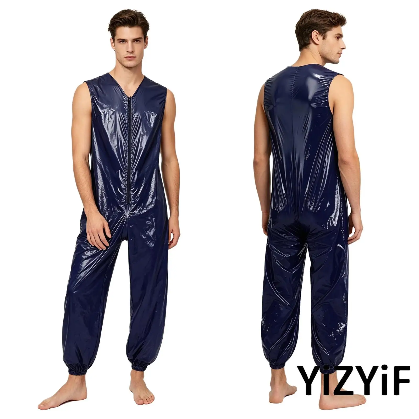 

Men Waterproof Diaper Cover Sleeveless Zip Up Bodysuit Elastic Leg Opening Rompers Unitards Adaptive Jumpsuit Disco Clubwear