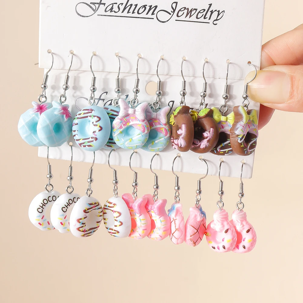 5pairs /Set Cute Sweet Donut Drop Earrings for Women Girls Simulation Food Dangle Earrings Kids Jewelry Gifts