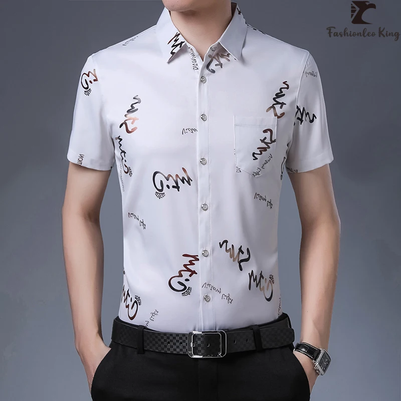 

Business Casual Men's Letter Printing Shirts Short Sleeve Lapel Top Male Loose Fashion Dress Shirt