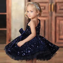 Sequin Tulle Baby Girls Princess Dresses Flower Elegant 1st Baptism Birthday Party Ball Gown Kids Wedding Evening Formal Costume