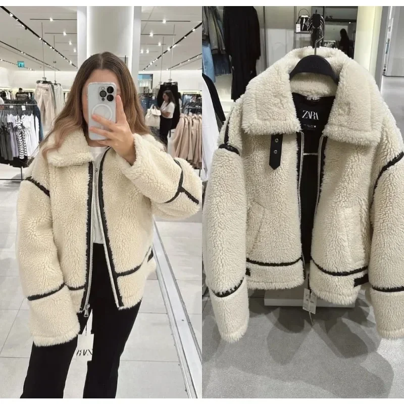 2023 Autumn New Women\'s Wear European and American Style Casual Fur One Piece Lamb Wool Contrast Color Plush Warm Jacket C