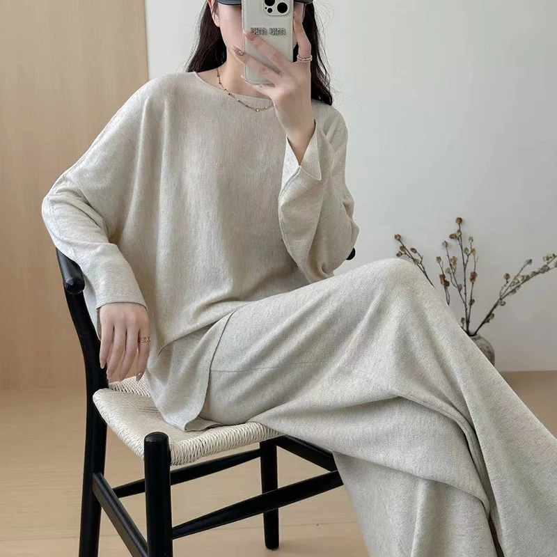 

Women's Pure Wool Knitted Suit Lady Fashion Round Neck Loose Soft Sweater High Waisted Elastic Wide Leg Pants Two-Piece Set