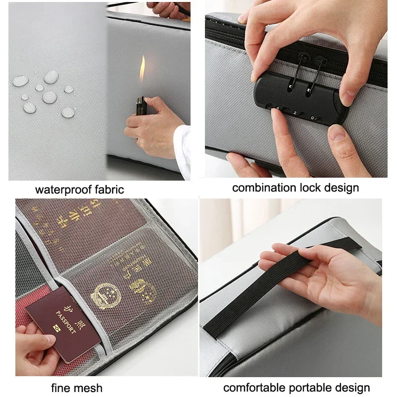 Sac de rangement d'identification avec serrure, sac de documents ignifuge, porte-documents ignifuge, sac de rangement de documents étanche