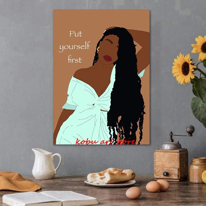 Fashion Black Woman Self Care Self Love Motivational Quotes Poster Print Canvas Painting Wall Art Picture for Room Home Decor