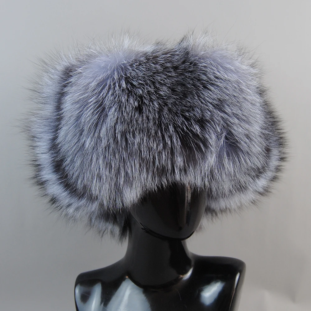 Genuine Silver Fox Fur Hat with Ear Flaps Real Natural Fur Caps for Russian Women Bomber Hats Trapper Cap with Real Leather Top