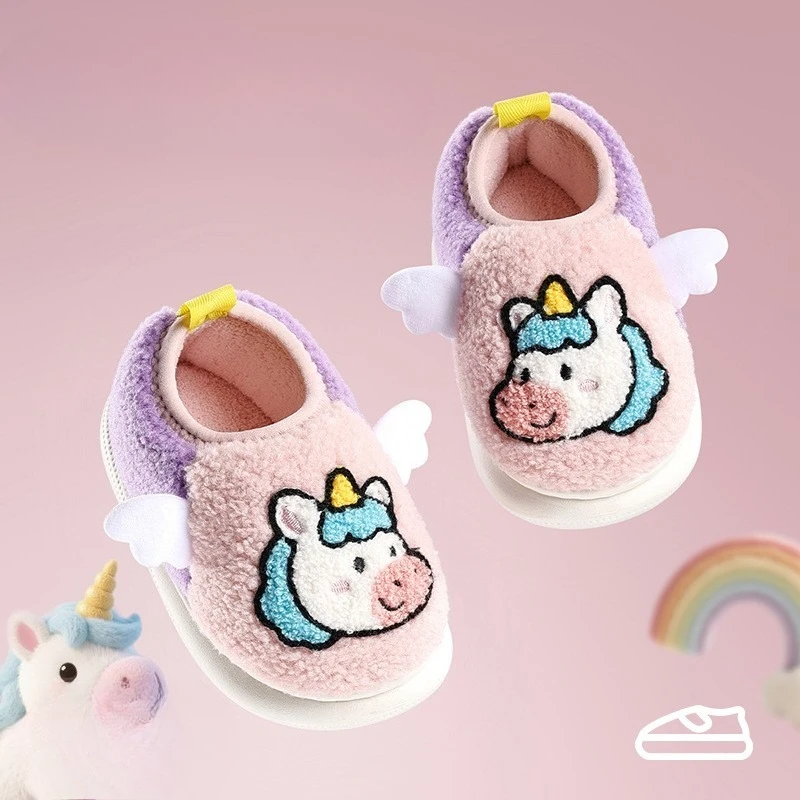 

2026 Kids Warm Winter Furry Slippers Boys Girls Closed Back Home Shoes Soft Plush Indoor Cotton Slides