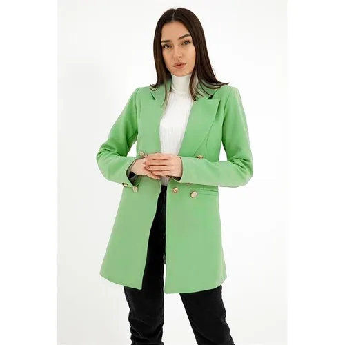 Shoulders With Shoulder Pads Front Snaps Atlas Fabric Women \'S Blazer Jacket